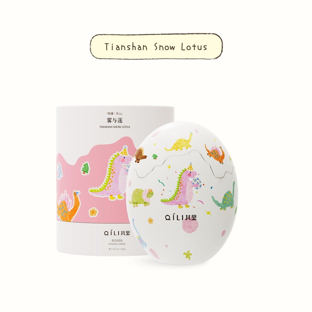 Tianshan Snow Lotus dinosaur egg scented candle with pastel dino pattern on round container