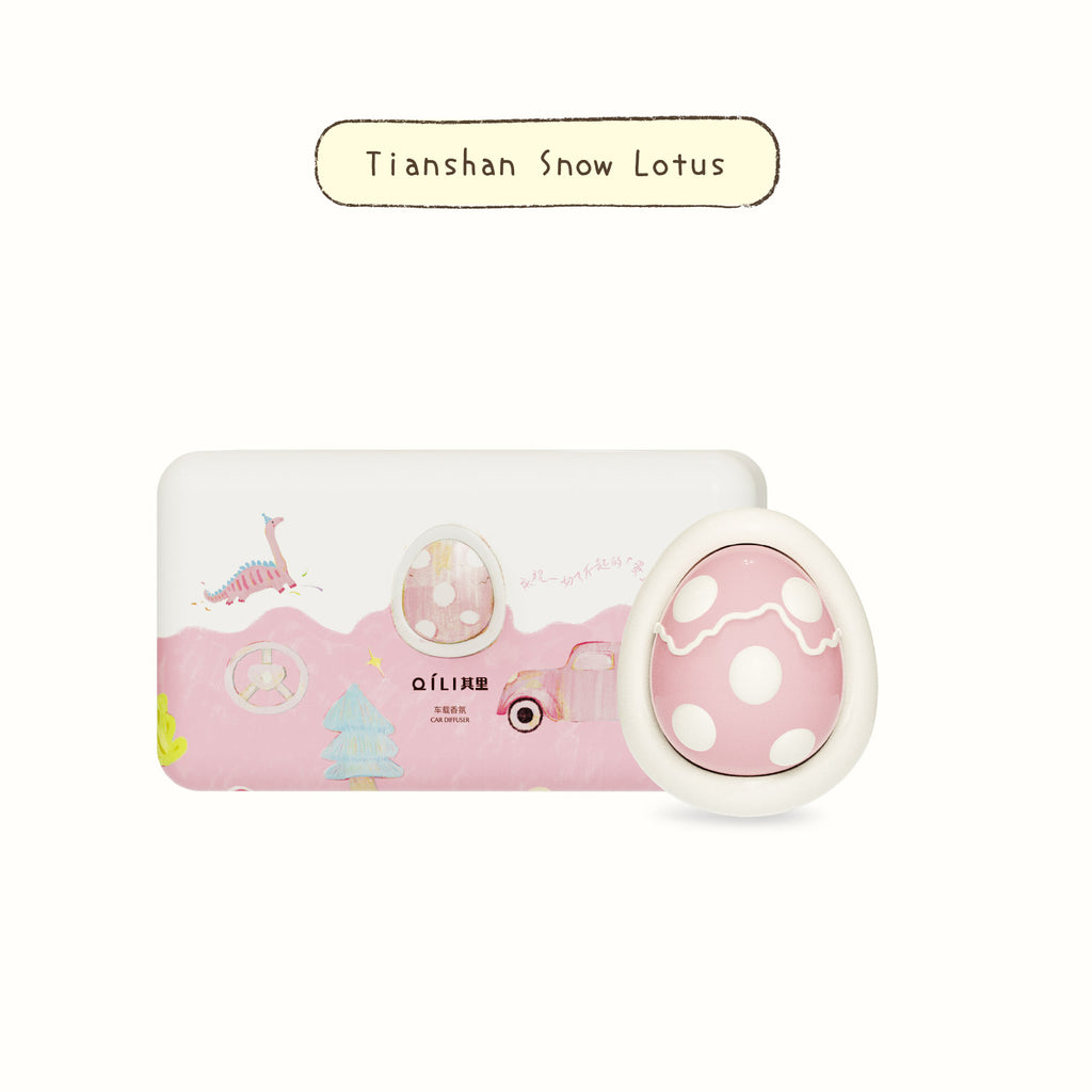 Car diffuser with white dinosaur-style tray and pink egg-shaped scent pod, Tianshan Snow Lotus