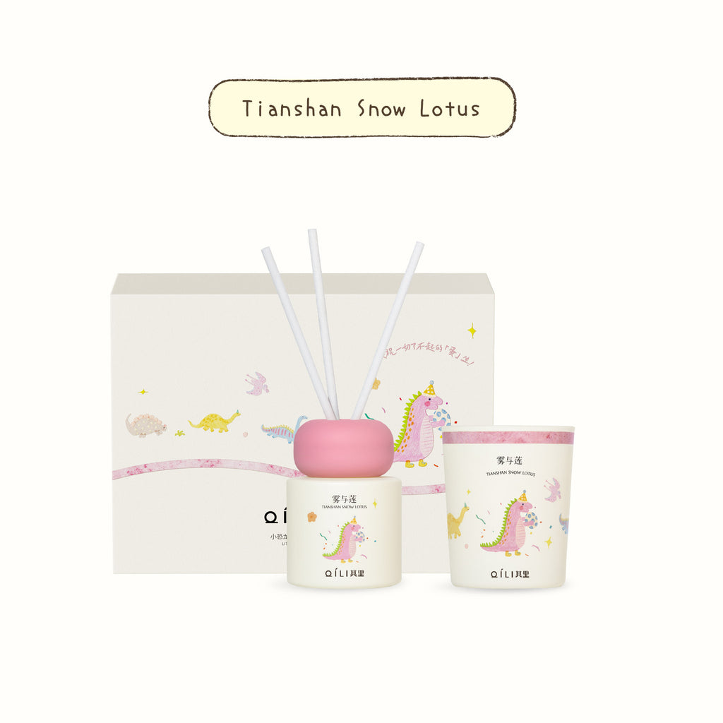 Dinosaur scent diffuser set, Tianshan Snow Lotus label, reed sticks and two jars
