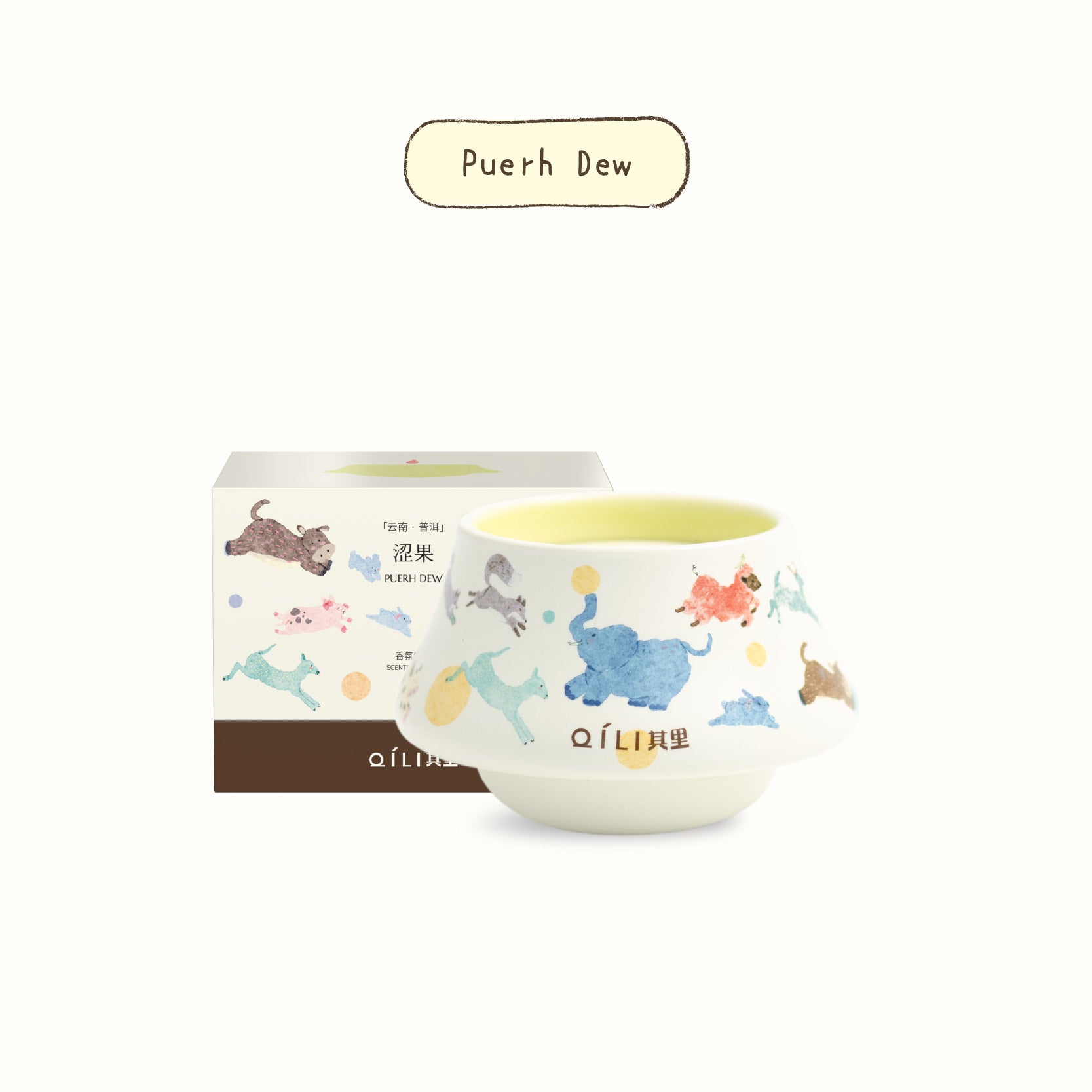 Scented candle in illustrated ceramic cup, label: Puerh Dew