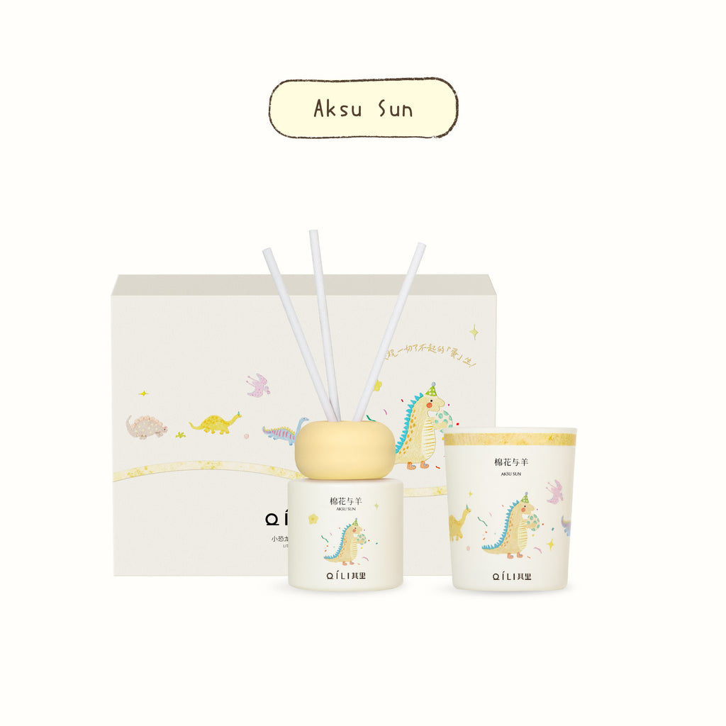 Dinosaur scent diffuser set, Aksu Sun label, reed sticks and two matching jars