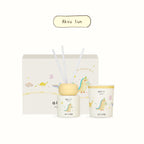 Dinosaur scent diffuser set, Aksu Sun label, reed sticks and two matching jars